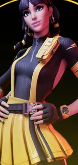 Game character in yellow-black outfit on vibrant mobile wallpaper.