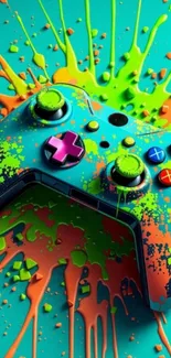 Vibrant gaming controller with neon color splash