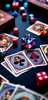 Vibrant game setup with cards and colorful dice on a table.