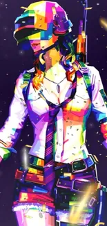 Colorful futuristic gamer with vibrant outfit.