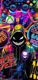 Colorful gamer-themed wallpaper with neon art and game symbols.