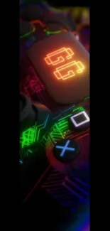 Vibrant neon gamer controller wallpaper with glowing buttons.