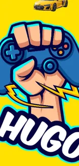 Gamer fist holding a controller on yellow background wallpaper.