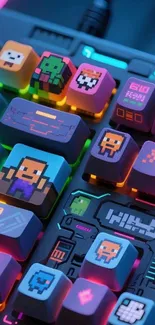 Colorful keyboard with pixel art design and neon backlight.