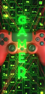 Gamer wallpaper with red controller and green glowing keyboard.