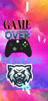 Vibrant gaming wallpaper with controller and wolf design on a pink background.