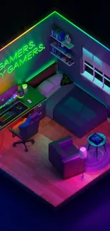 Vibrant gamer room with neon lights and gaming setup.