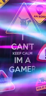 Gamer themed wallpaper with neon signs and vibrant colors.