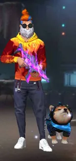 Colorful gaming character with dog companion.