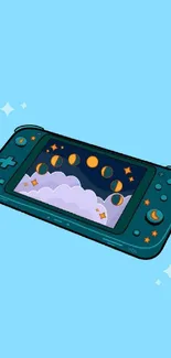 Colorful gaming console with lunar phases and stars on a blue background.