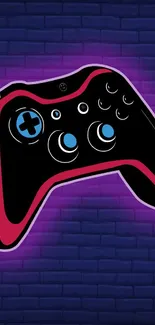 Colorful gaming controller art on a brick background with neon glow.