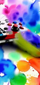 Vibrant gaming controller with colorful paint splashes background.