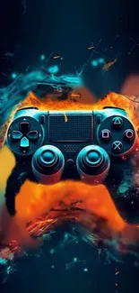 Vibrant gaming controller in dark, fiery abstract art.