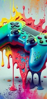 Vibrant gaming controller with dripping paint in multicolor hues.