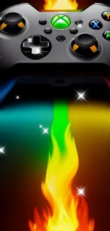 Colorful gaming controller with flame effects on black background.