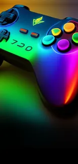 Close-up of a gaming controller with rainbow colors on a black background.