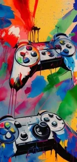 Artistic gaming controllers with vibrant color splashes.