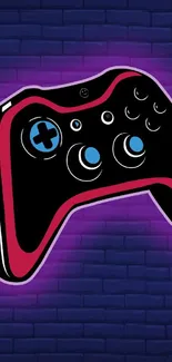 Neon gaming controller on a purple brick wall background.