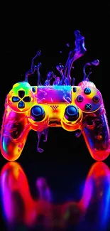 Neon gaming controller with vibrant colors on black background.