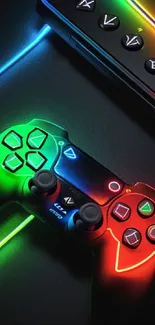 Colorful neon gaming controller on black background.