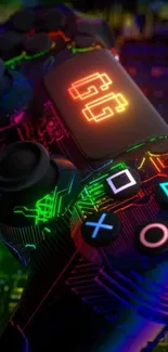 Neon gaming controller with vibrant glowing colors and futuristic design.