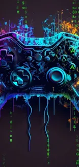 Vibrant neon gaming controller art with colorful splashes.