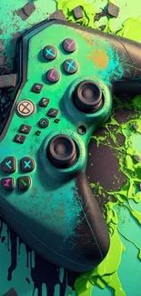 Vibrant teal gaming controller with splash on mobile wallpaper.