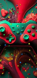 Artistic gaming controller with vibrant red and green abstract splash design.