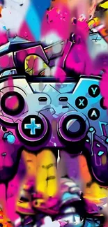 Vibrant graffiti art with a colorful gaming controller on a magenta background.