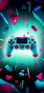 Vibrant gaming controller with neon colors and geometric shapes.