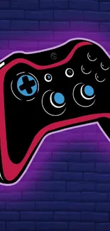 Neon gaming controller on a purple brick wall background.