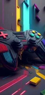 Vibrant neon gaming controller wallpaper with a futuristic design and colorful highlights.