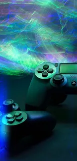 Vibrant gaming wallpaper with neon lights and controllers.