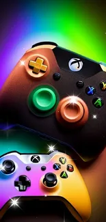 Colorful Xbox controllers with vibrant lighting effects on black background.