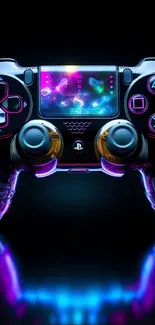 Vibrant gaming controller with neon lights and colorful screen display.