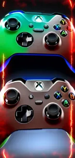 Colorful gaming controllers with a fiery background.