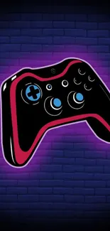 Vibrant neon gaming controller on dark blue brick wall.