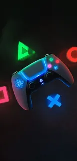 Vibrant neon gaming controller with symbols on dark background.