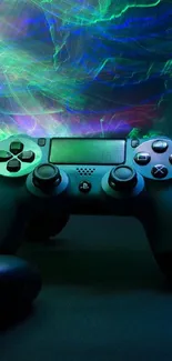 Vibrant gaming controller with neon effect on mobile wallpaper.