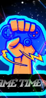 A neon blue hand holding a gaming controller with vibrant designs.