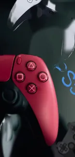 Red PS5 gaming controller on sleek background.