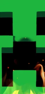 Green creeper face wallpaper with dynamic flames and pixel art style.