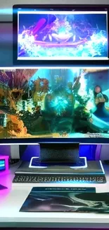 Vibrant dual-monitor gaming setup with RGB lights.