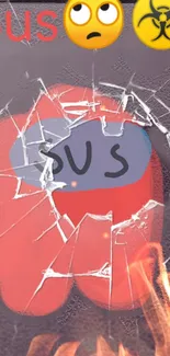 Vibrant red impostor wallpaper with shattered screen and emojis.