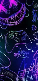 Neon gaming design with controllers and vibrant colors on phone wallpaper.