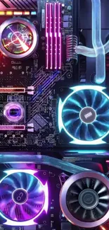 RGB-lit gaming PC hardware with colorful fans and components.