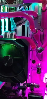 Vibrant neon gaming PC with cooling tubes.