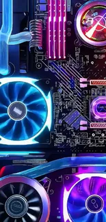 Colorful gaming rig with LED fans and circuitry.