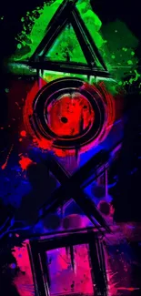 Colorful gaming symbols on a black background with vibrant splashes of color.