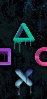 Neon gaming symbols on a dark background.